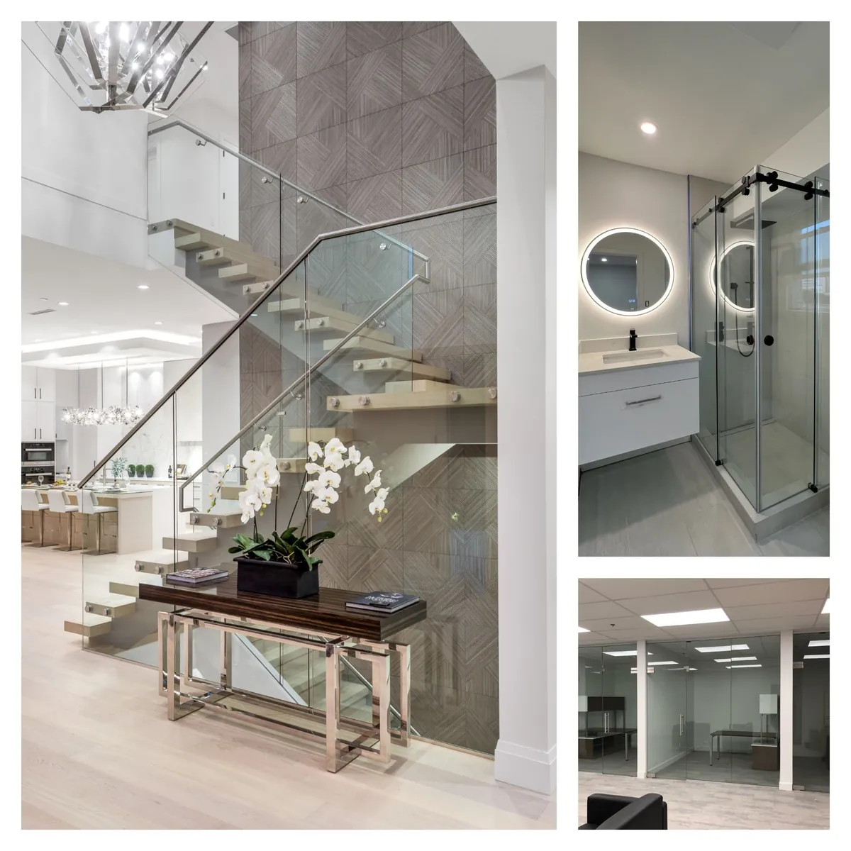 Alpha Glass Ltd projects: a frameless glass stair railing, a black-hardware glass shower enclosure and glass office partitions