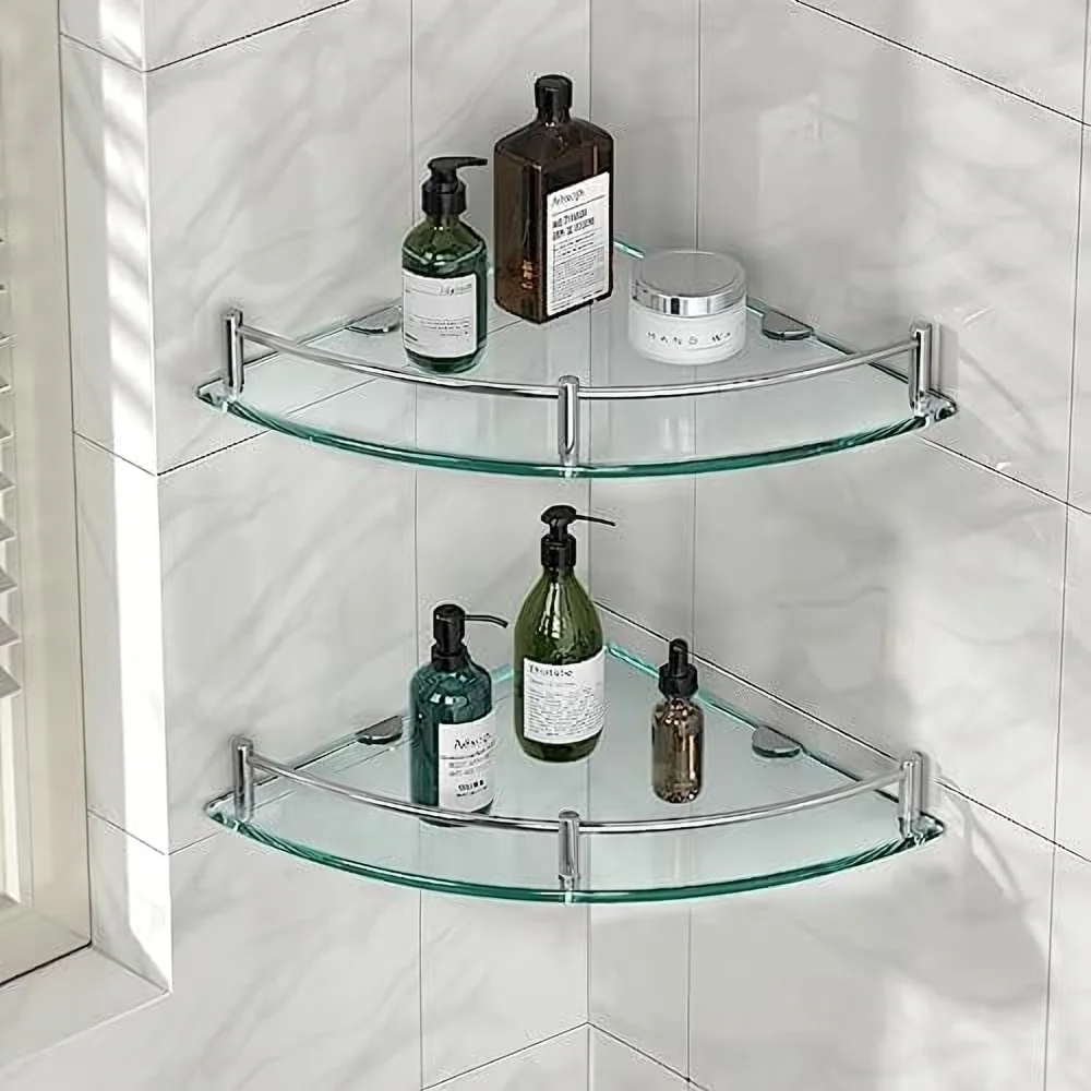 Two glass corner shelves with polished edges holding shower products